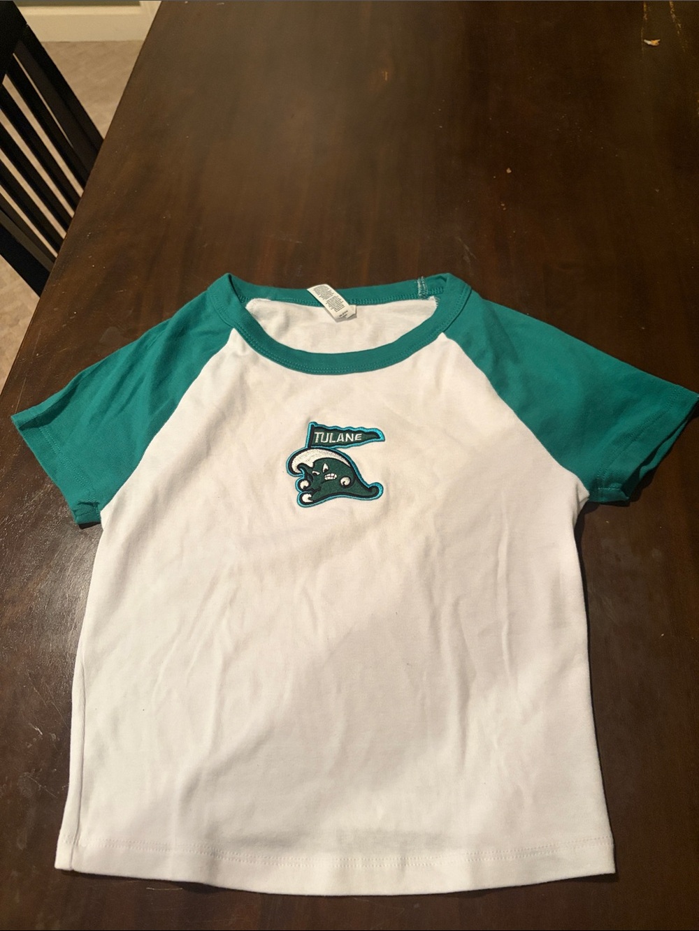 Women’s Tula White Tee with Teal Raglan Sleeves Size XS